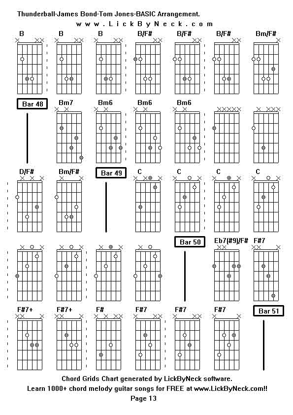 Chord Grids Chart of chord melody fingerstyle guitar song-Thunderball-James Bond-Tom Jones-BASIC Arrangement,generated by LickByNeck software.